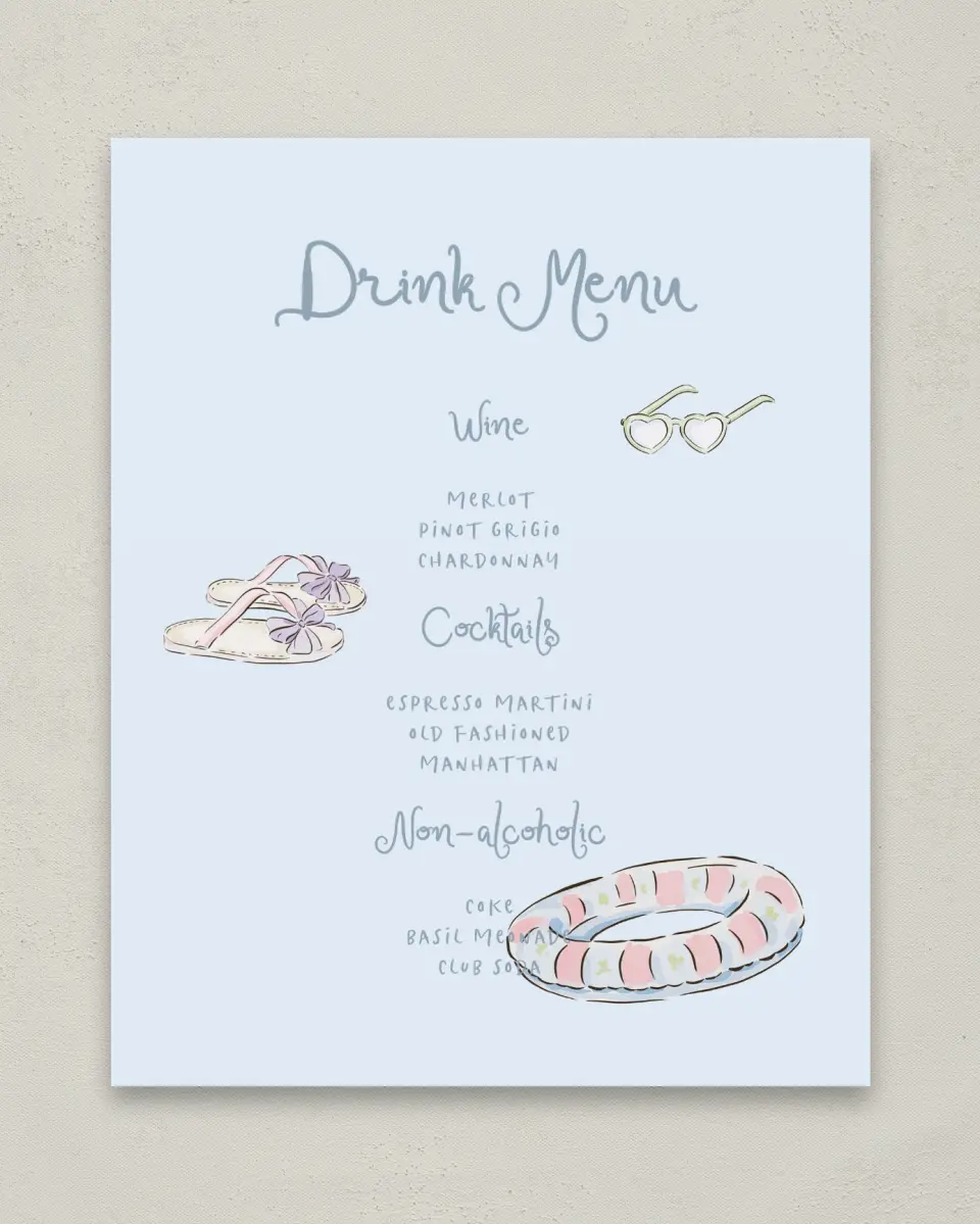 This is a 8" x 10" Bachelorette Party Thank You Card called Pool Bach printed in full color
