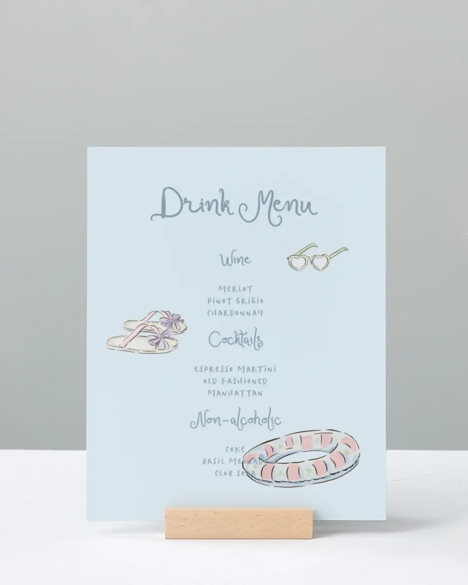 This is a 8" x 10" Bachelorette Party Thank You Card called Pool Bach printed in full color