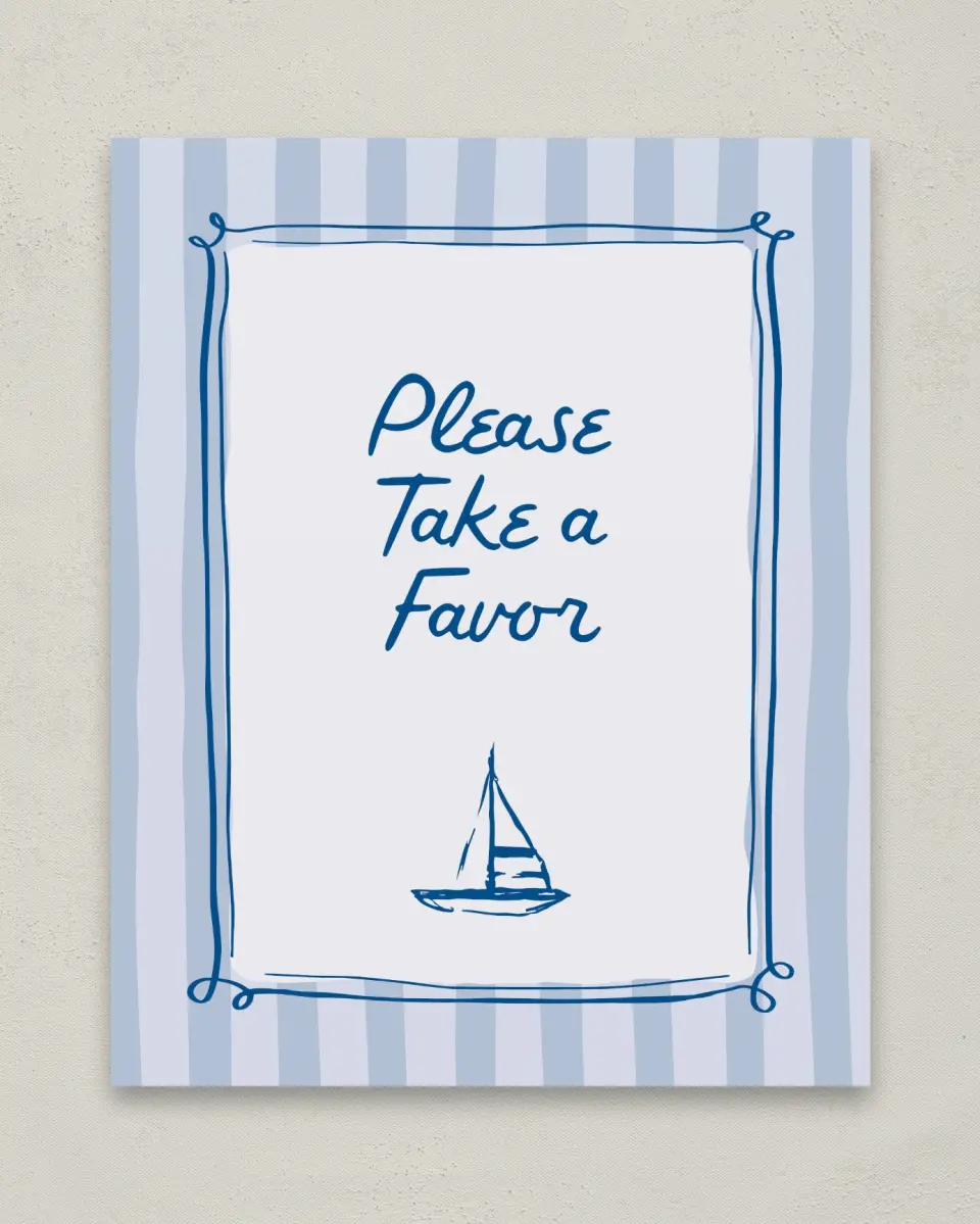 This is a 8" x 10" Take a Favor Baby Shower Sign called Ahoy Baby printed in full color with Silver foil