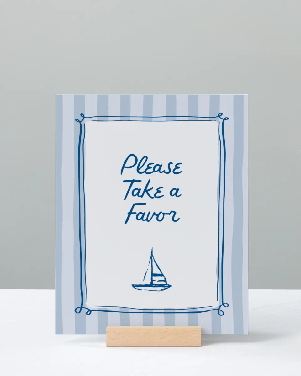 This is a 8" x 10" Take a Favor Baby Shower Sign called Ahoy Baby printed in full color with Silver foil