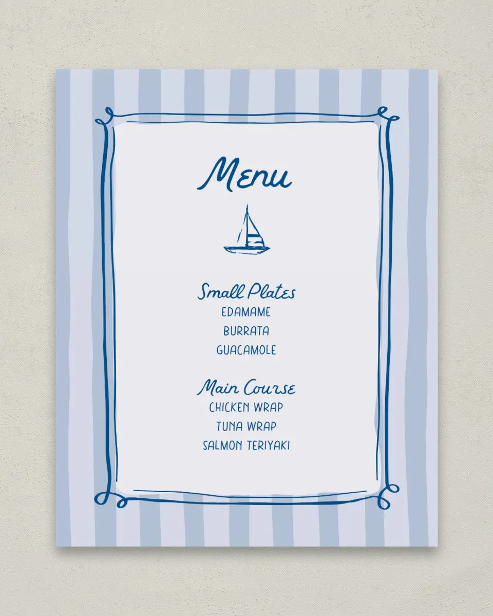 This is a 8" x 10" Menu Baby Shower Sign called Ahoy Baby printed in full color