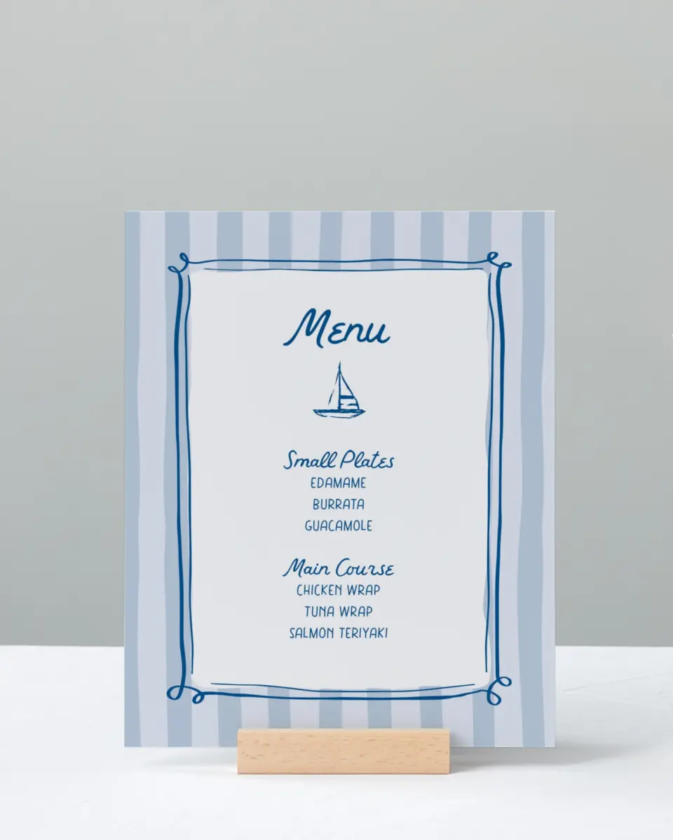 This is a 8" x 10" Menu Baby Shower Sign called Ahoy Baby printed in full color with Silver foil