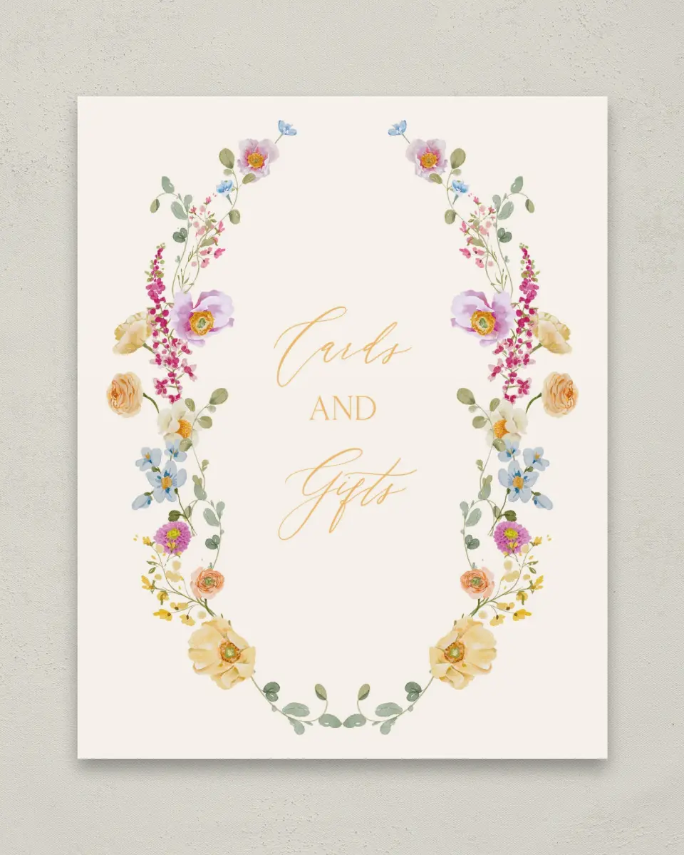 This is a 8" x 10" Cards & Gifts Baby Shower Sign called Colorful Blooms printed in full color with Rose Gold foil