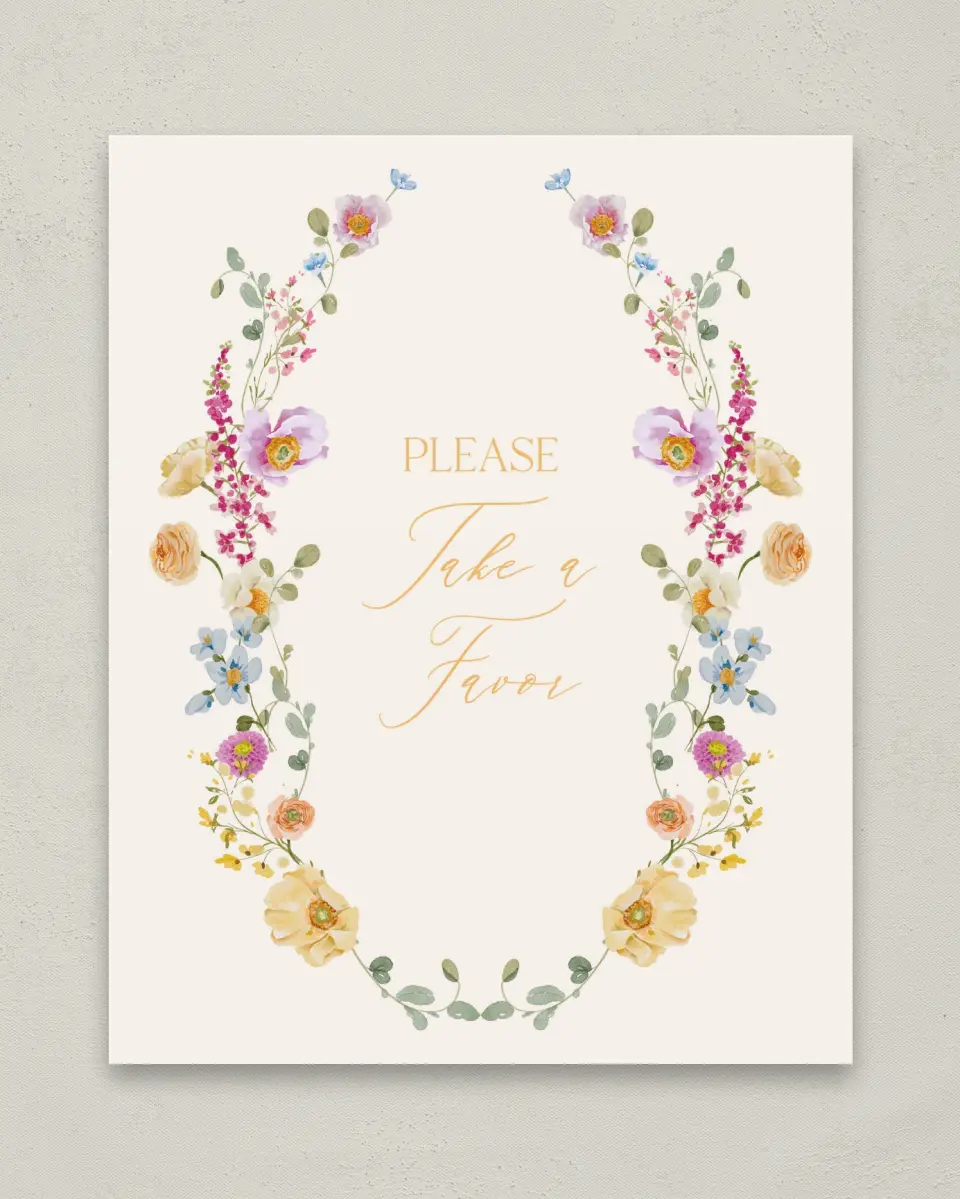 This is a 8" x 10" Take a Favor Baby Shower Sign called Colorful Blooms printed in full color with Silver foil
