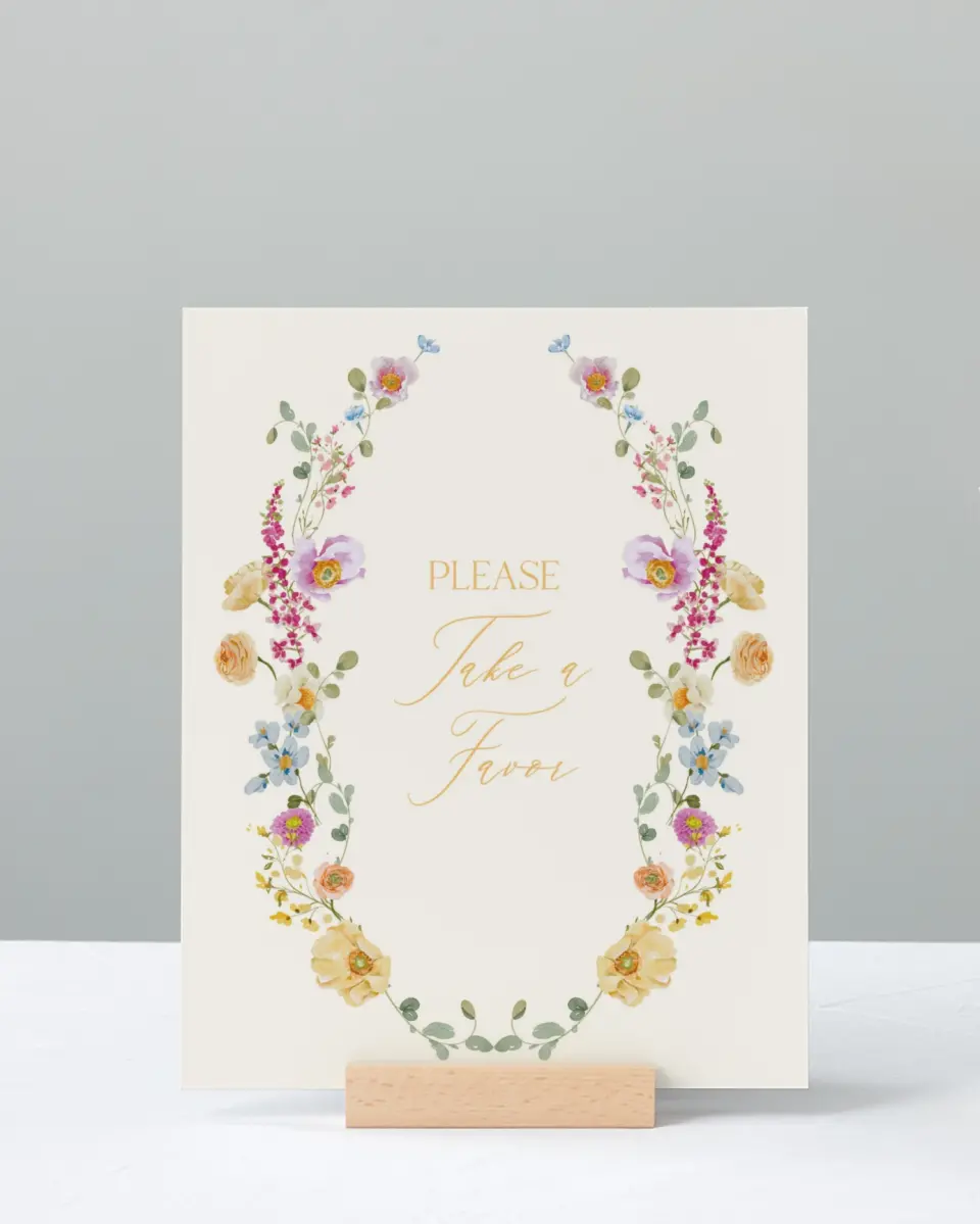 This is a 8" x 10" Take a Favor Baby Shower Sign called Colorful Blooms printed in full color with Silver foil