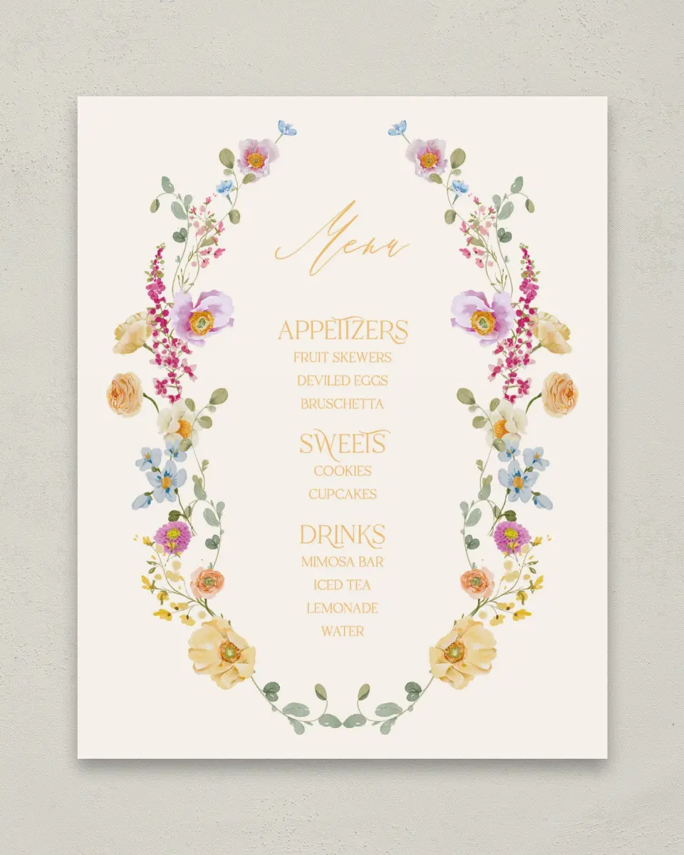 This is a 8" x 10" Menu Baby Shower Sign called Colorful Blooms printed in full color
