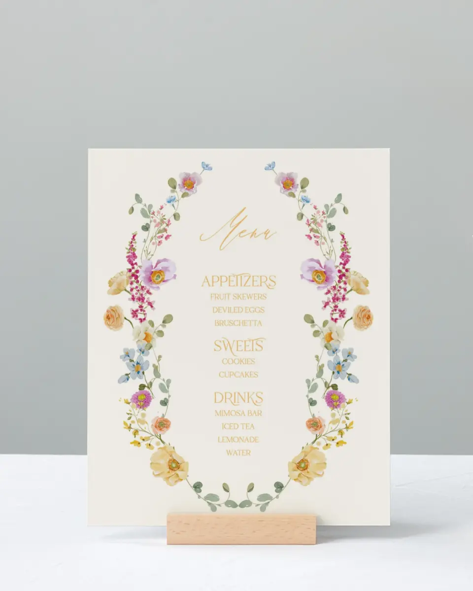 This is a 8" x 10" Menu Baby Shower Sign called Colorful Blooms printed in full color with Silver foil