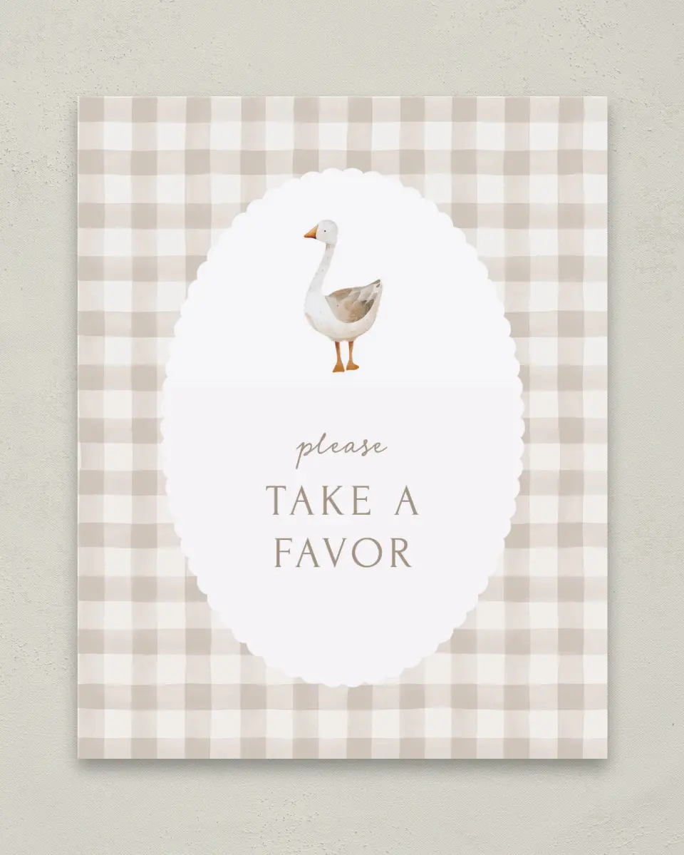 This is a 8" x 10" Take a Favor Baby Shower Sign called Mother Goose printed in full color