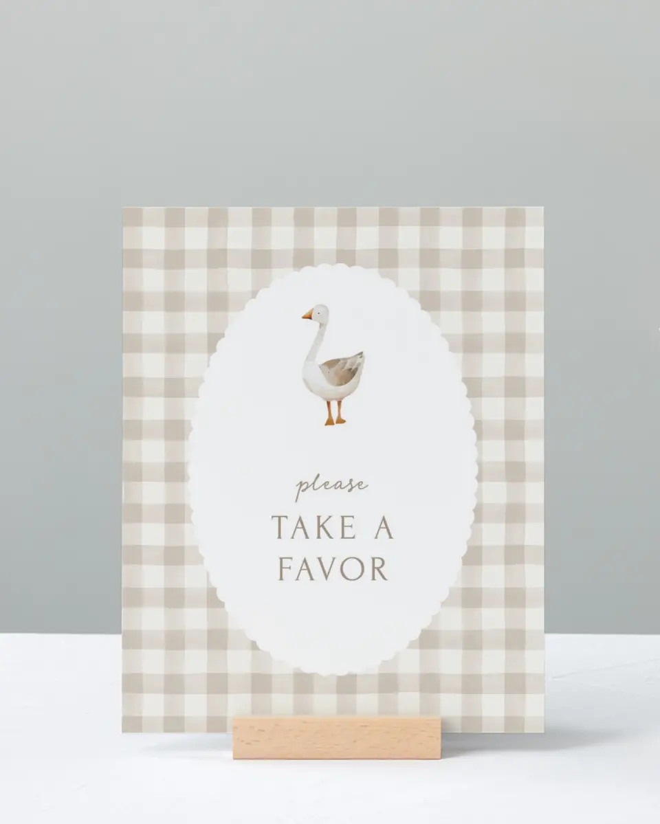 This is a 8" x 10" Take a Favor Baby Shower Sign called Mother Goose printed in full color with Silver foil