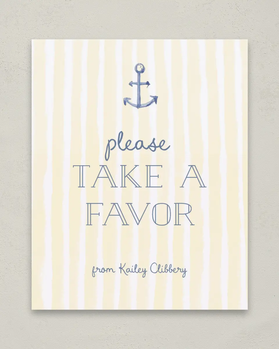 This is a 8" x 10" Take a Favor Baby Shower Sign called Ciao Baby printed in full color with Silver foil