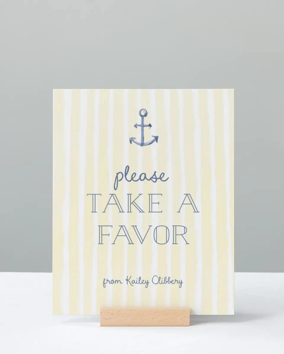 This is a 8" x 10" Take a Favor Baby Shower Sign called Ciao Baby printed in full color with Silver foil