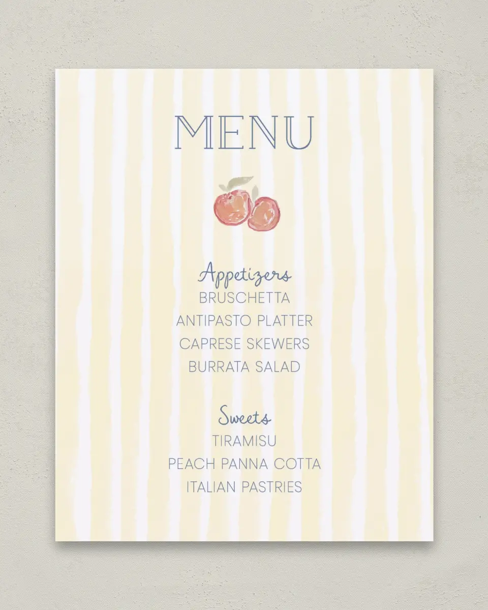 This is a 8" x 10" Menu Baby Shower Sign called Ciao Baby printed in full color