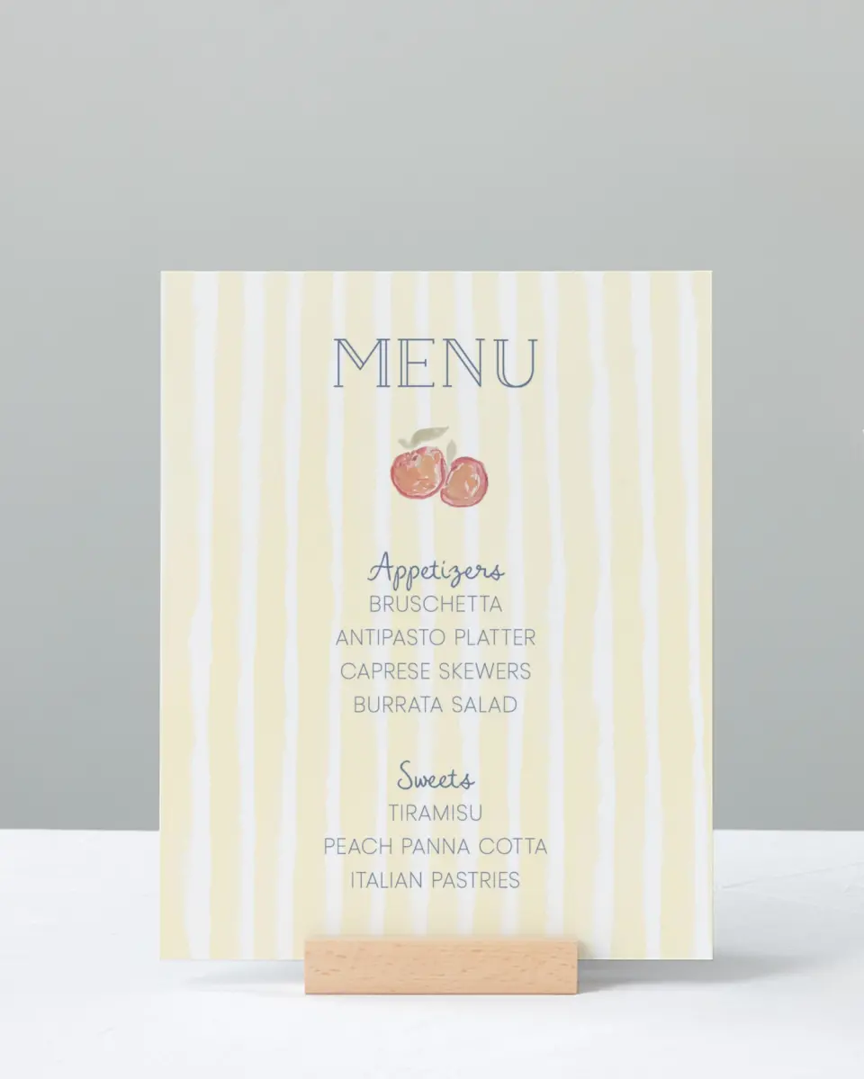 This is a 8" x 10" Menu Baby Shower Sign called Ciao Baby printed in full color with Silver foil