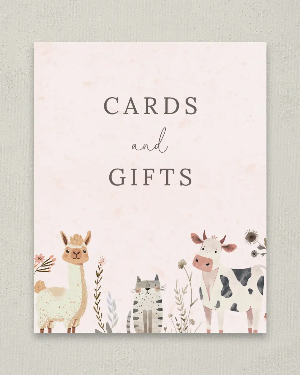 This is a 8" x 10" Cards & Gifts Baby Shower Sign called Barnyard Baby printed in full color
