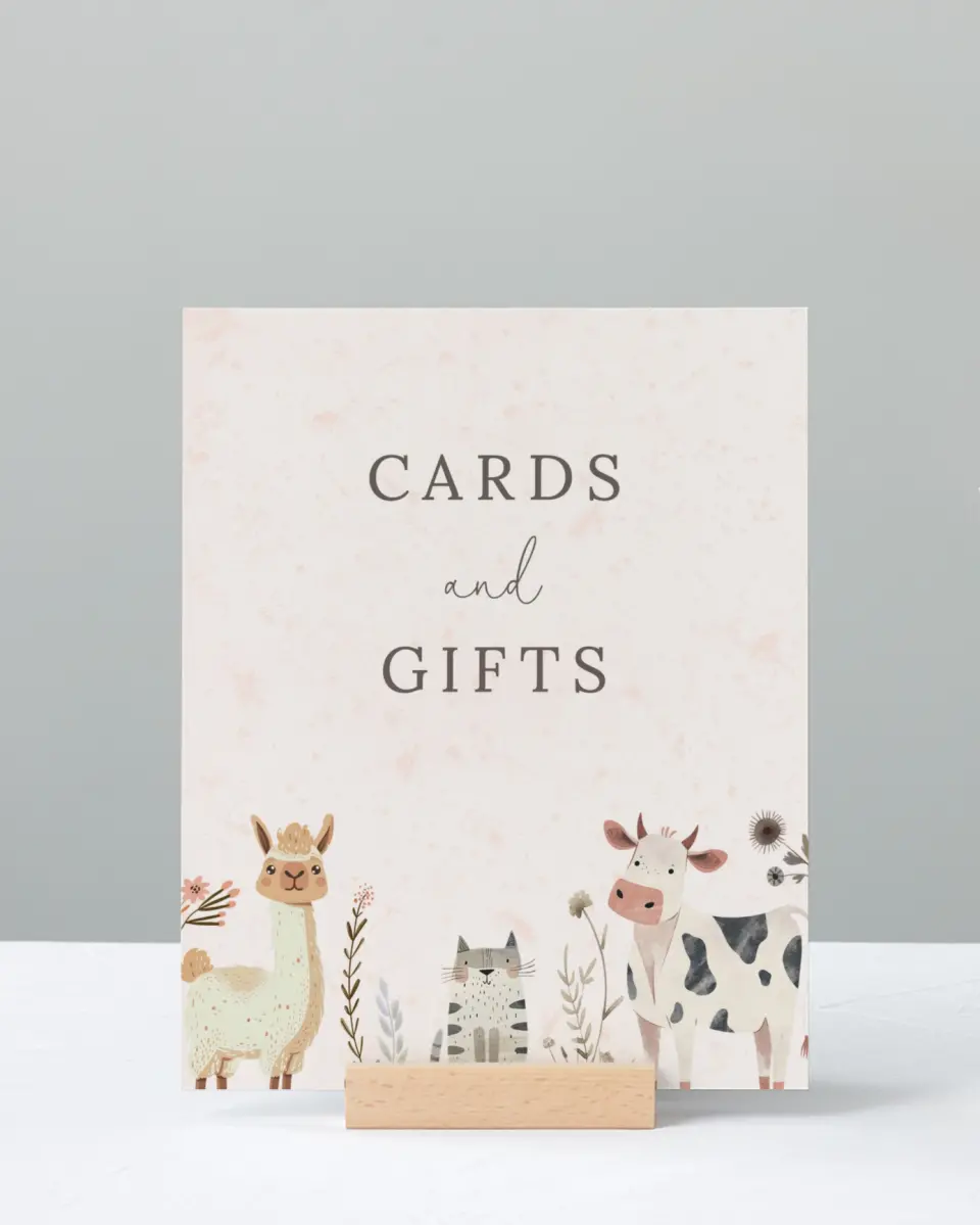 This is a 8" x 10" Cards & Gifts Baby Shower Sign called Barnyard Baby printed in full color