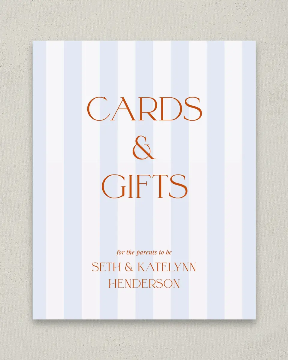 This is a 8" x 10" Cards & Gifts Baby Shower Sign called Sweet Stripes printed in full color