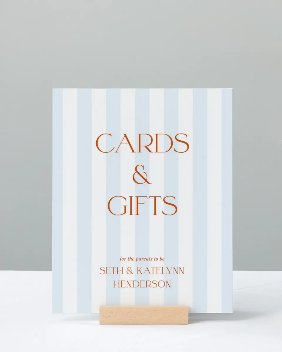 This is a 8" x 10" Cards & Gifts Baby Shower Sign called Sweet Stripes printed in full color