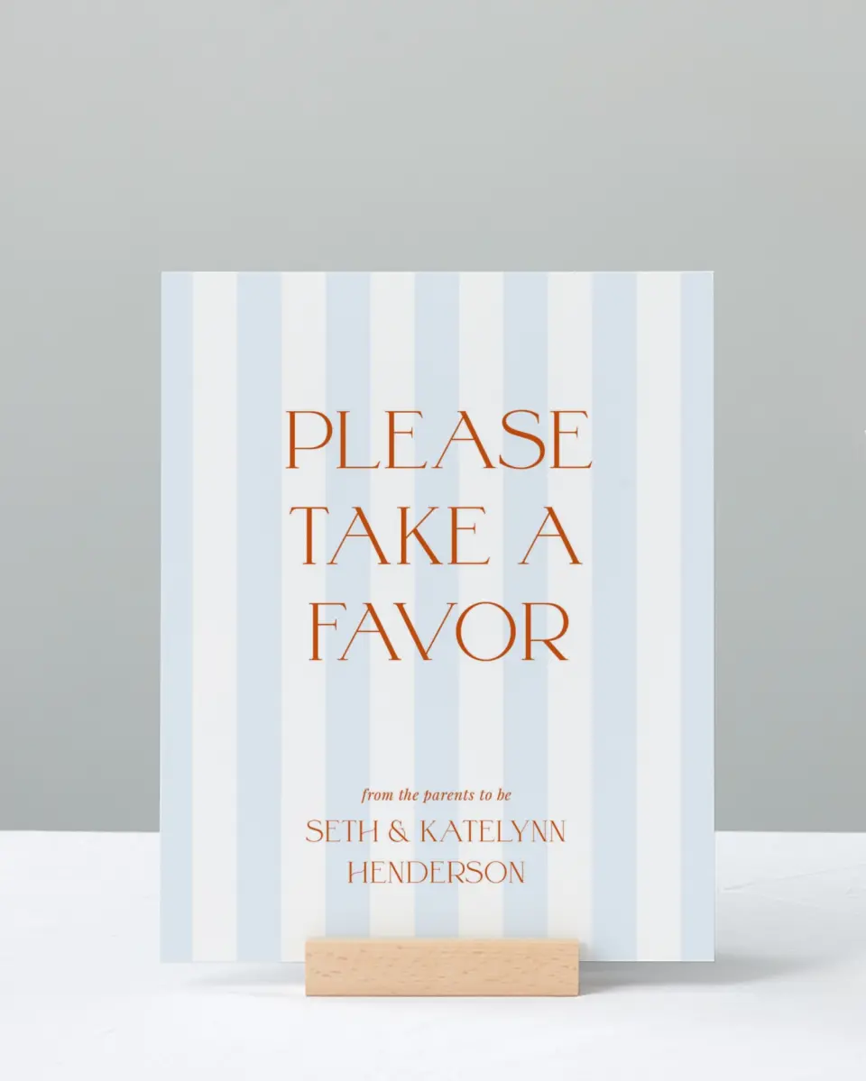 This is a 8" x 10" Take a Favor Baby Shower Sign called Sweet Stripes printed in full color with Rose Gold foil