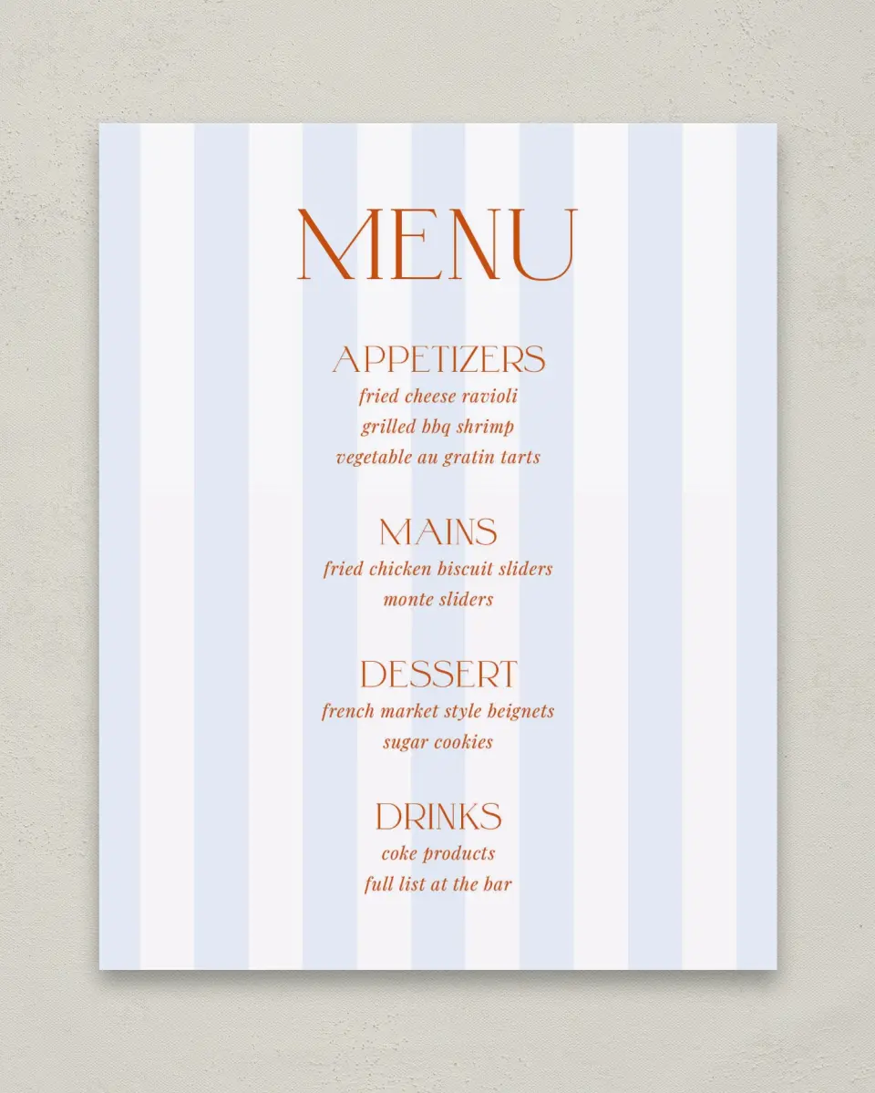 This is a 8" x 10" Menu Baby Shower Sign called Sweet Stripes printed in full color