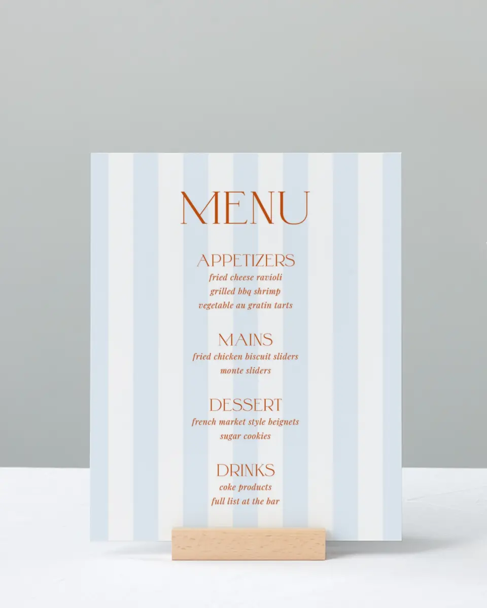 This is a 8" x 10" Menu Baby Shower Sign called Sweet Stripes printed in full color with Silver foil