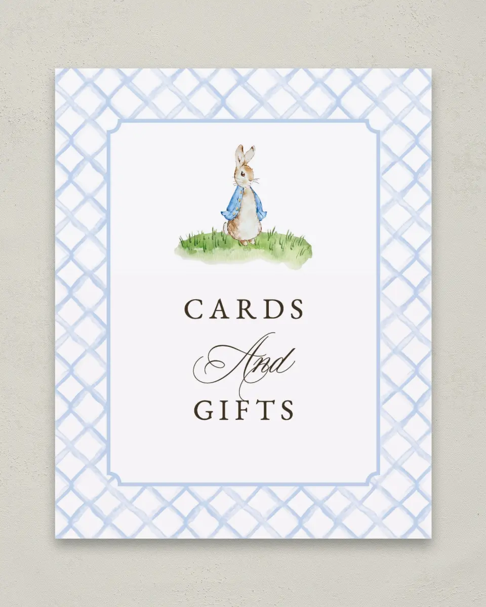 This is a 8" x 10" Cards & Gifts Baby Shower Sign called Cotton Tale printed in full color