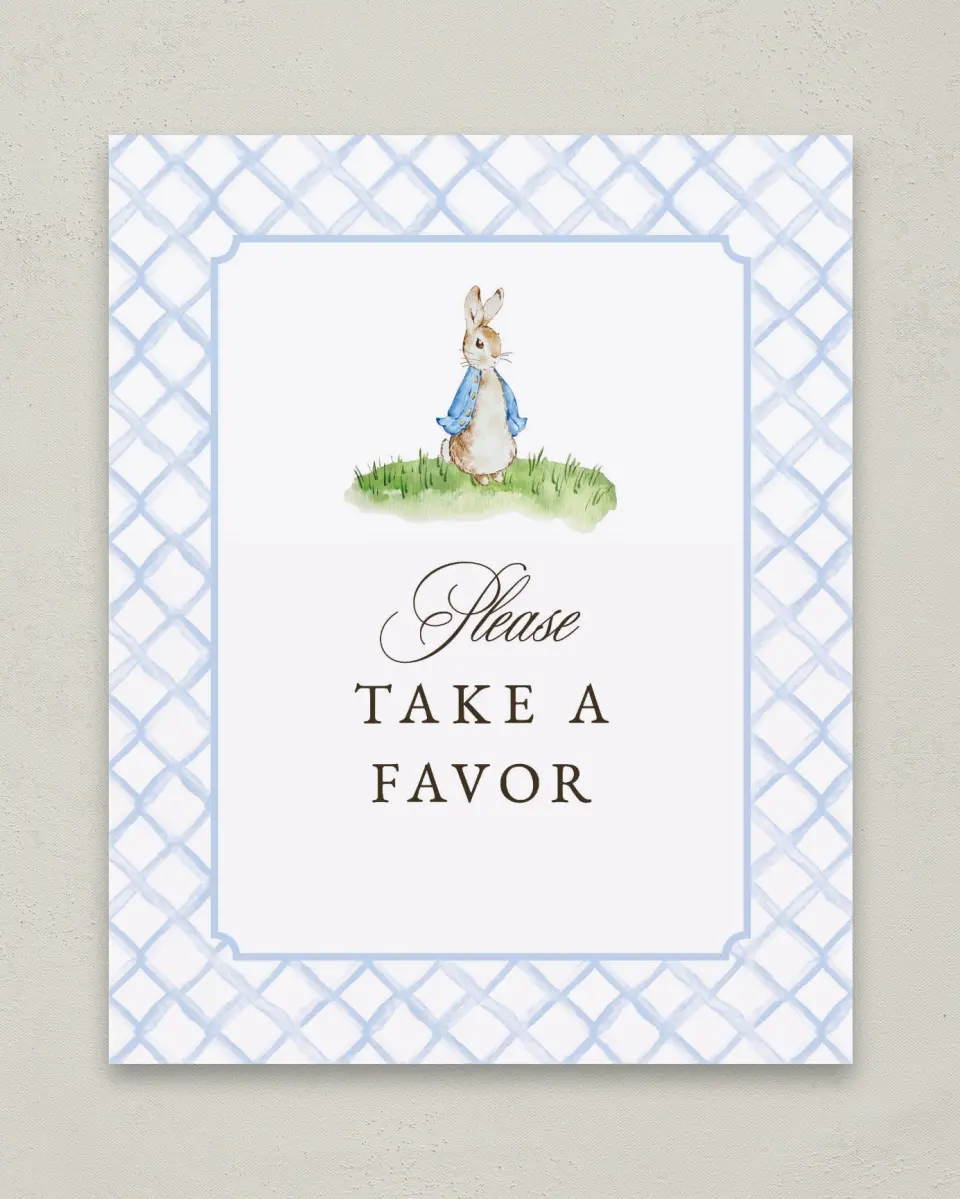 This is a 8" x 10" Take a Favor Baby Shower Sign called Cotton Tale printed in full color with Silver foil