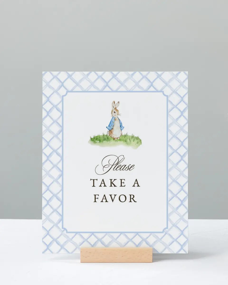 This is a 8" x 10" Take a Favor Baby Shower Sign called Cotton Tale printed in full color with Silver foil