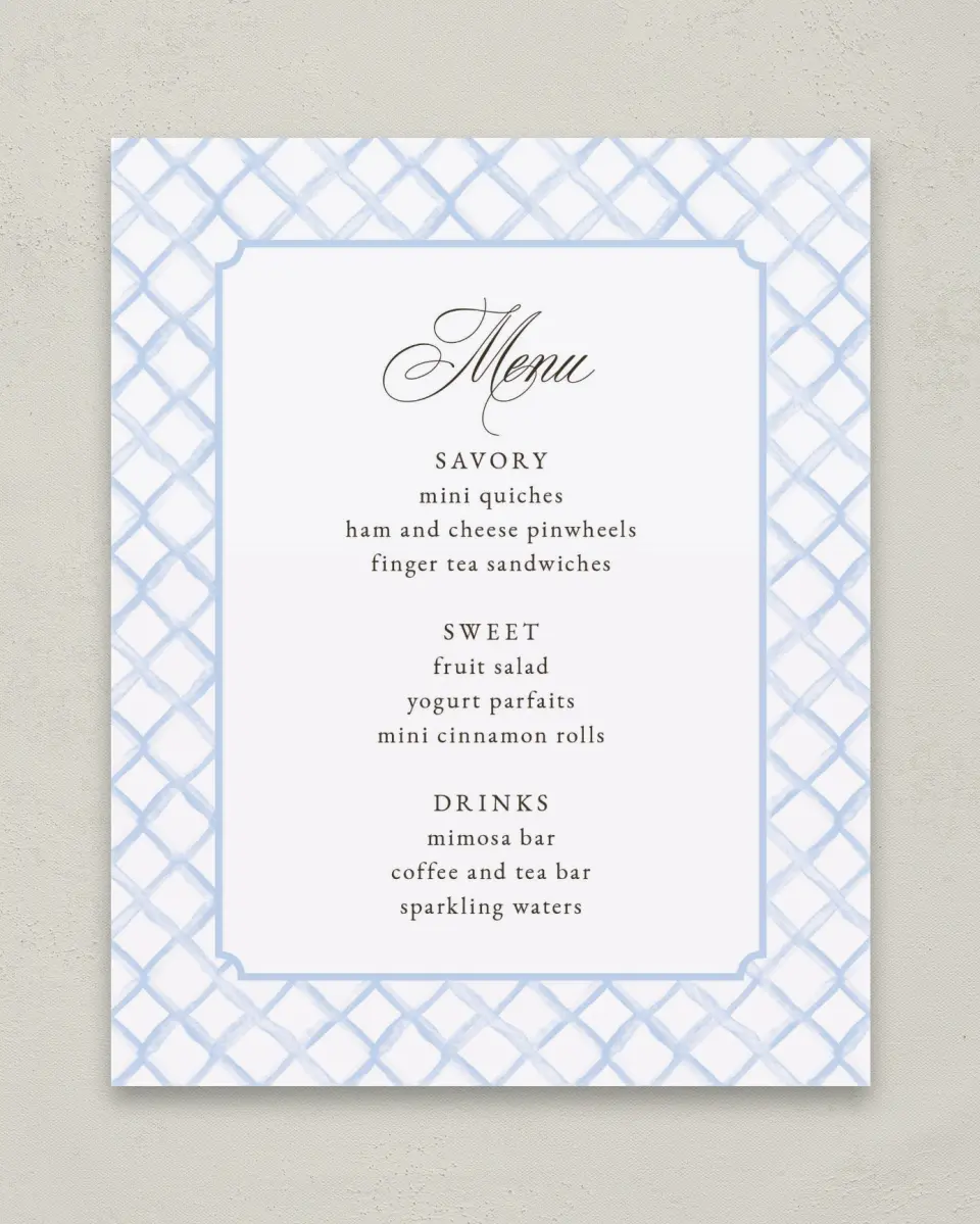 This is a 8" x 10" Menu Baby Shower Sign called Cotton Tale printed in full color