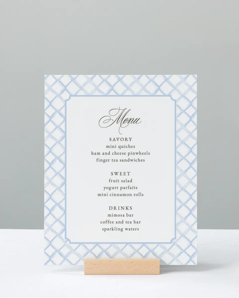 This is a 8" x 10" Menu Baby Shower Sign called Cotton Tale printed in full color with Silver foil