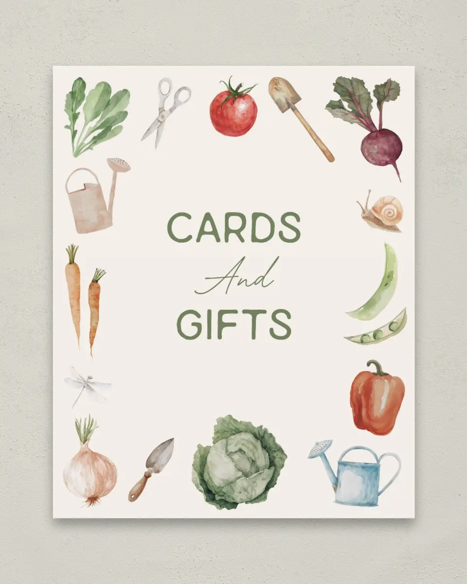 This is a 8" x 10" Cards & Gifts Baby Shower Sign called Locally Grown printed in full color