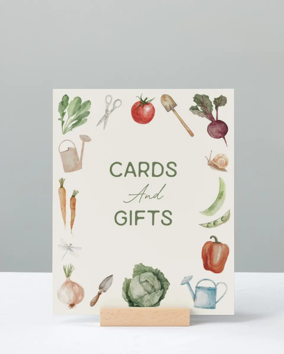 This is a 8" x 10" Cards & Gifts Baby Shower Sign called Locally Grown printed in full color