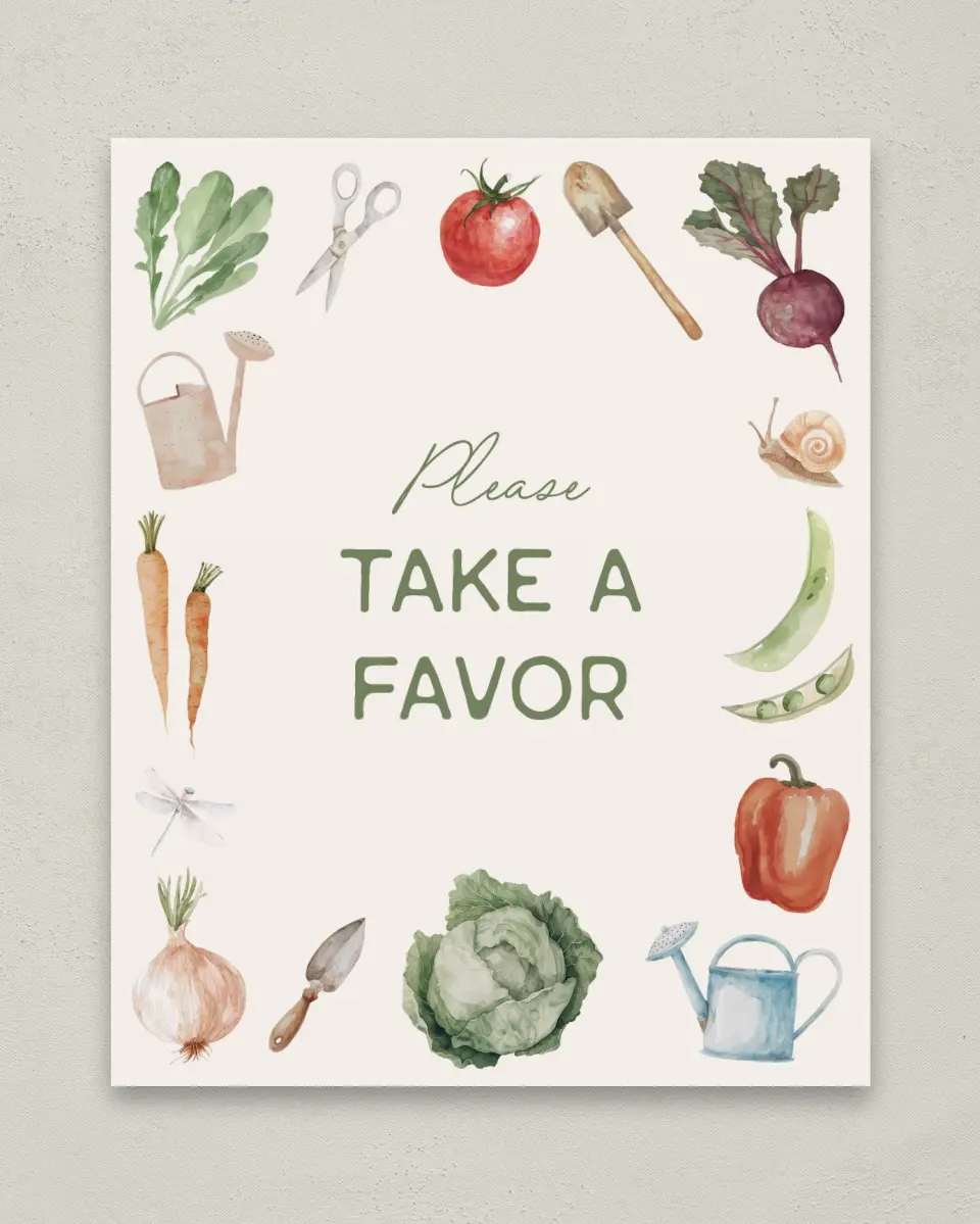 This is a 8" x 10" Take a Favor Baby Shower Sign called Locally Grown printed in full color with Silver foil