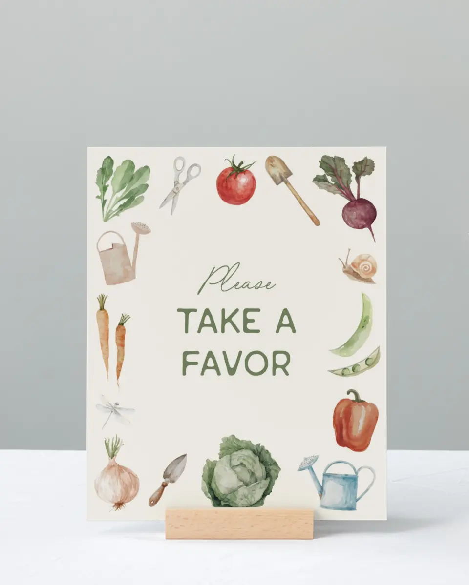 This is a 8" x 10" Take a Favor Baby Shower Sign called Locally Grown printed in full color with Silver foil