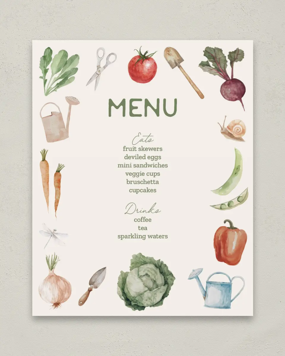 This is a 8" x 10" Menu Baby Shower Sign called Locally Grown printed in full color