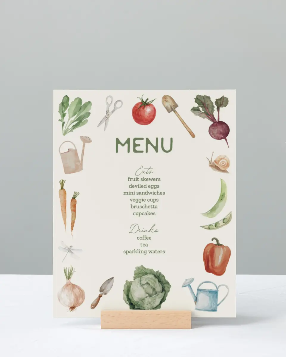 This is a 8" x 10" Menu Baby Shower Sign called Locally Grown printed in full color with Silver foil