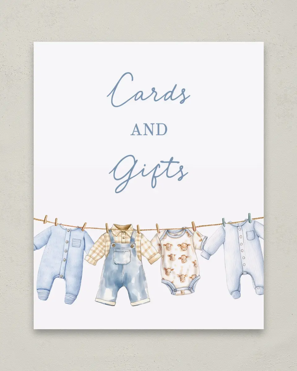 This is a 8" x 10" Cards & Gifts Baby Shower Sign called Country Clothesline printed in full color