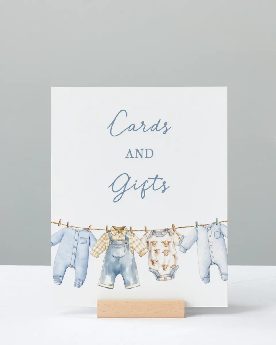 This is a 8" x 10" Cards & Gifts Baby Shower Sign called Country Clothesline printed in full color