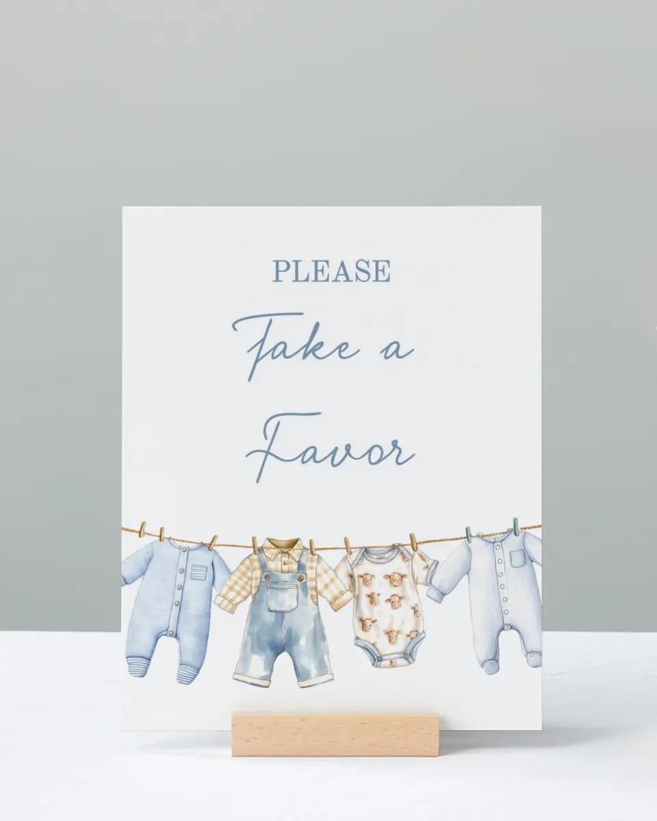 This is a 8" x 10" Take a Favor Baby Shower Sign called Country Clothesline printed in full color with Silver foil