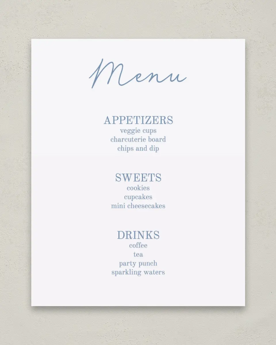 This is a 8" x 10" Menu Baby Shower Sign called Country Clothesline printed in full color