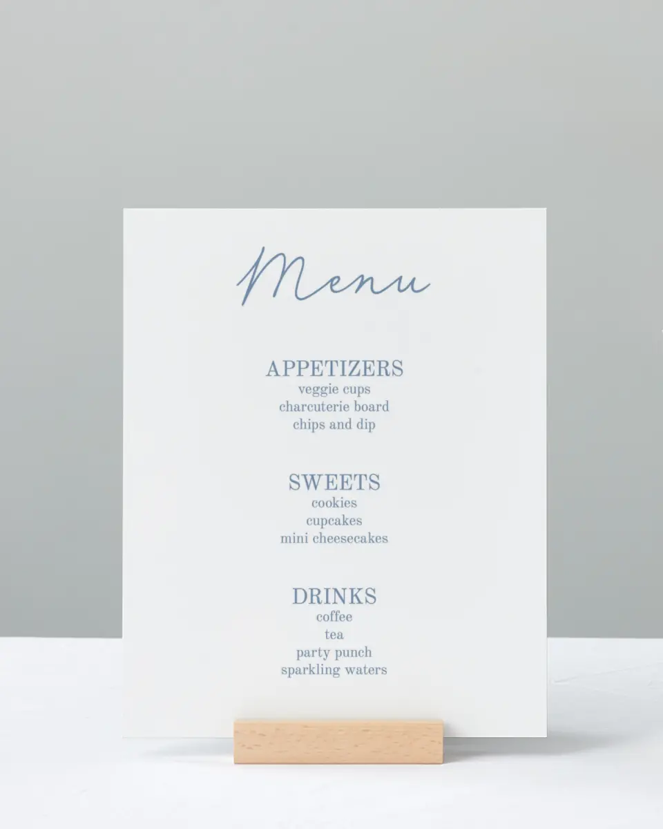 This is a 8" x 10" Menu Baby Shower Sign called Country Clothesline printed in full color with Silver foil