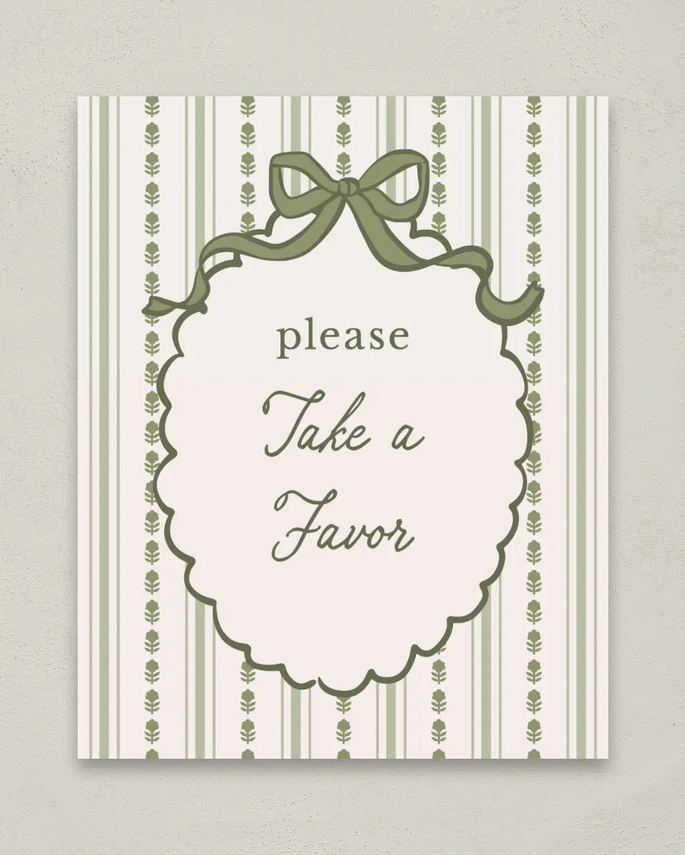 This is a 8" x 10" Take a Favor Baby Shower Sign called Coquette Darling printed in full color with Silver foil