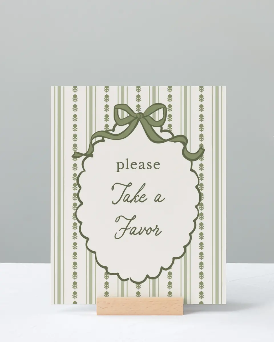This is a 8" x 10" Take a Favor Baby Shower Sign called Coquette Darling printed in full color with Gold foil