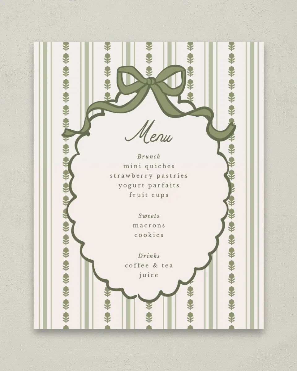 This is a 8" x 10" Menu Baby Shower Sign called Coquette Darling printed in full color