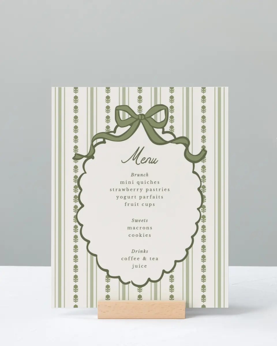 This is a 8" x 10" Menu Baby Shower Sign called Coquette Darling printed in full color with Gold foil
