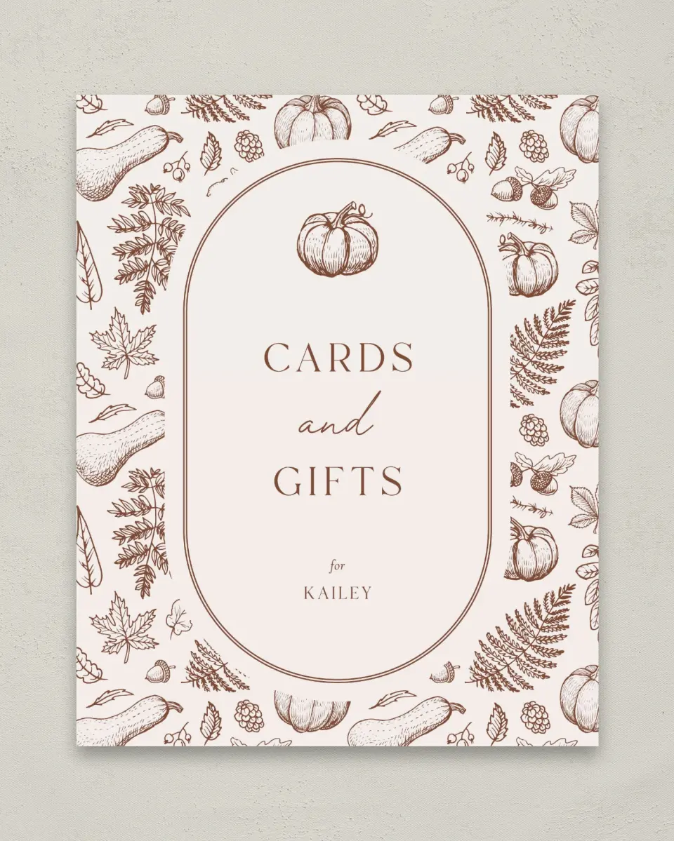 This is a 8" x 10" Cards & Gifts Baby Shower Sign called Precious Pumpkin printed in full color