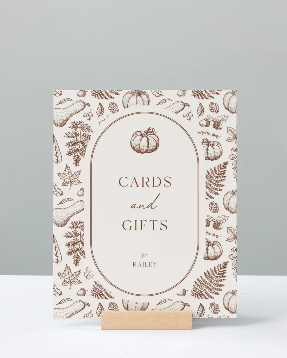 This is a 8" x 10" Cards & Gifts Baby Shower Sign called Precious Pumpkin printed in full color