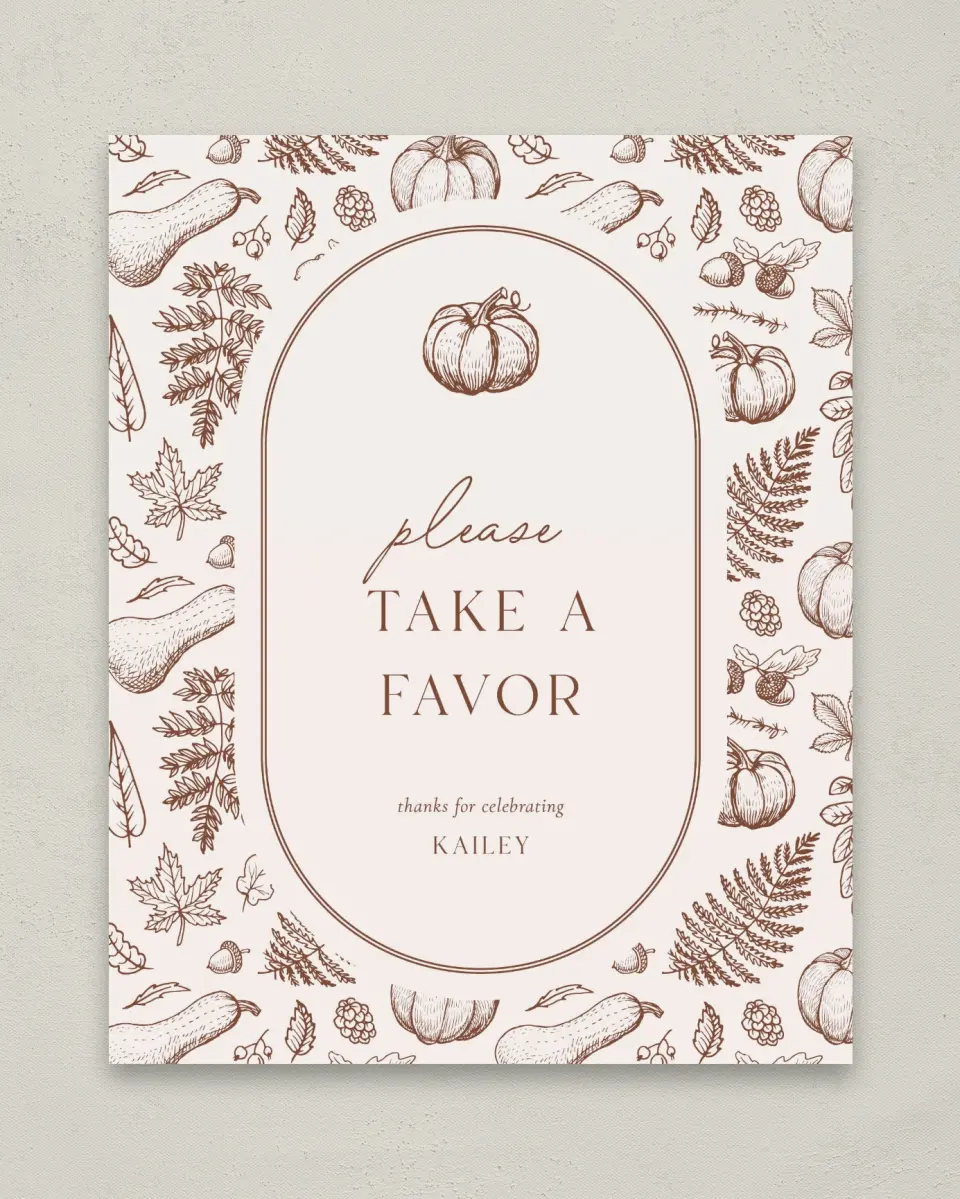 This is a 8" x 10" Take a Favor Baby Shower Sign called Precious Pumpkin printed in full color