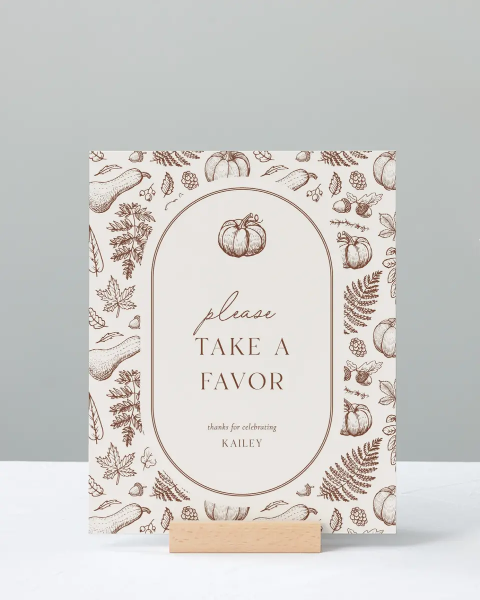 This is a 8" x 10" Take a Favor Baby Shower Sign called Precious Pumpkin printed in full color with Silver foil