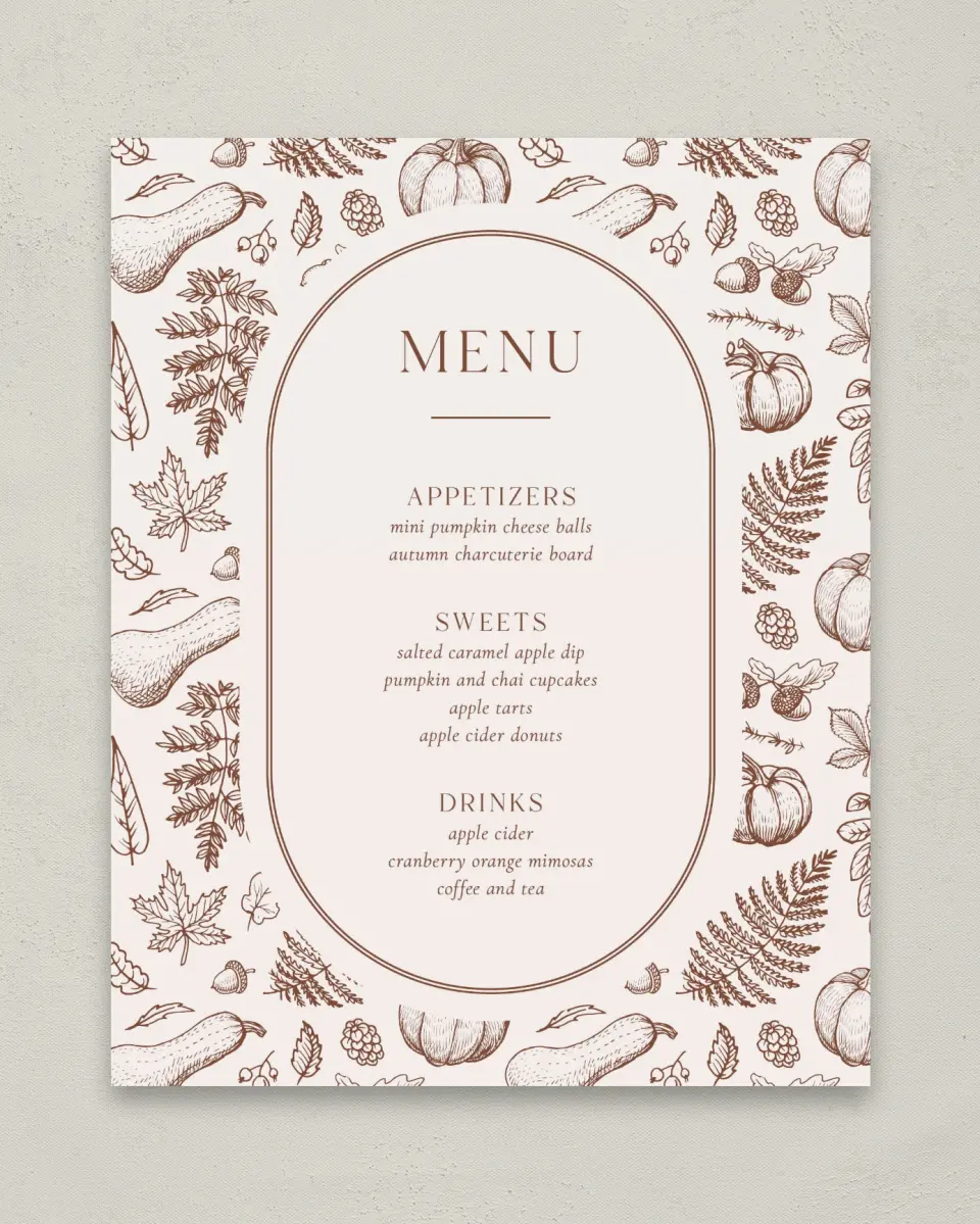 This is a 8" x 10" Menu Baby Shower Sign called Precious Pumpkin printed in full color