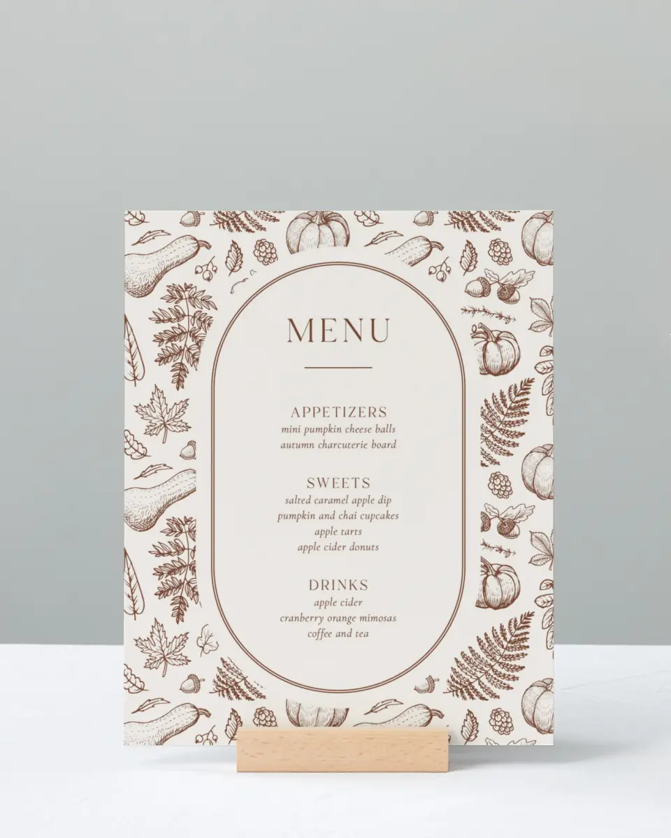 This is a 8" x 10" Menu Baby Shower Sign called Precious Pumpkin printed in full color with Silver foil